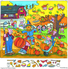 an image of children playing with pumpkins in the fall season illustration by child's drawing library