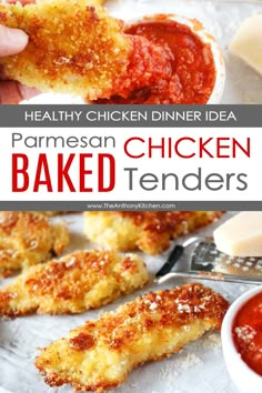 baked chicken tenders with parmesan cheese and sauce in the middle, on top of