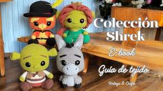 three crocheted stuffed animals sitting next to each other on a wooden bench with the caption collection shrek e - book guia de tejos