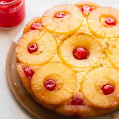 a pineapple upside down cake on a white plate