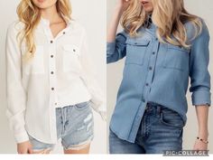 "Please check our US number size regarding our S/M/L: Small (US 2-4), Medium (4-6), Large (8-10) Button Down Long Sleeve Tencel Shirt. Super Soft Chambray Denim Blouse Features 2 Front Flap Pockets. Available in White and Washed Denim from Small to Large Size. Non Stretch. Regular Fit. Model is Wearing Size Small. Model: 5'9\" 32B bust, 25\" waist, and 36\" hips. 100% Tencel Perfect, Soft Cozy top to wear with your Dainty Accessories. Active or lounge, also great for casual outings. Gentle Cycle Casual White Cotton Denim Top, Denim Button-up Shirt For Day Out, White Casual Denim Top For Summer, White Denim Casual Tops, Everyday Denim Tops With Buttons, White Denim Tops For Everyday, White Casual Denim Top For Spring, White Denim Everyday Top, Everyday White Denim Top