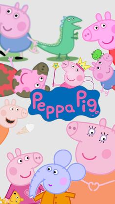 peppa pig is surrounded by other peppo pigs and their names are written in blue