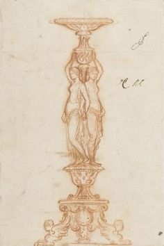 a drawing of a woman standing next to a fountain