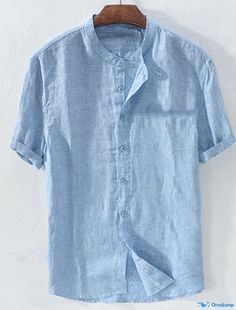 OrcaJump - Mens Linen Shirt, Plain Collar, Blue and White, Daily Vacation, Short Sleeves, Patchwork, Basic Chinese Mens Linen Shirts Summer, Basic Chinese, Stand Collar Shirt, Formal Tops, Linen Shirt Men, Mens Linen, Beach Shirts, Summer Shirts, Collar Shirts