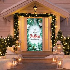 lighted christmas porch decorations with pine cones and evergreens on the front, surrounded by candles