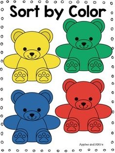 four colored teddy bears with the words sort by color