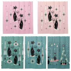 four different colored shower curtains with black cats on them and stars in the sky above