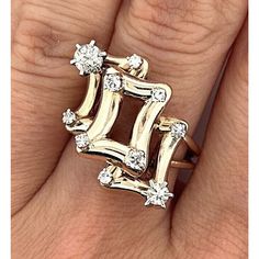 This Vintage Modernist Ring Is A Unique Piece Of Jewelry That Features Natural Diamonds In A Geometric Design. Crafted From 14k Solid Yellow Gold, This Ring Has A Prong Setting Style And A Round Main Stone Shape In White/Colorless. The Brand Is Ac-M And The Ring Size Is 7, Perfect For Anyone Who Loves Nature-Themed Jewelry. This Ring Falls Under The Category Of Vintage And Antique Jewelry In The Rings Section Of The Jewelry & Watches Category On Ebay. Biggest Diamond 3.8mm Smallest Diamond 1.5mm Size 7 10 Diamonds Modernist Ring 5.55 Grand Antique Jewelry Rings, Fall Rings, Modernist Ring, Big Diamond, Natural Diamond Ring, Diamonds Ring, Themed Jewelry, Nature Themed, Vintage Ring