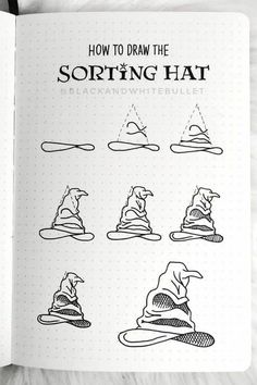 the harry potter sorting hat is shown in black and white, as well as instructions for how