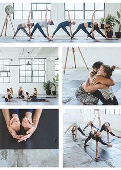 multiple pictures of people doing yoga poses in different positions, with one woman holding the other