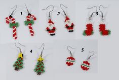 The dimensions of the Earrings 1) * Width: 0.78 inches (2cm)     * Length: 1.57 inches (4cm)     * Weight: 1.3g each 2) * Width: 0.59 inches (1.5cm)     * Length: 1 inch (2.5cm)     * Weight: 0.9g each 3) * Width: 0.66 inches (1.7cm)     * Length: 0.90 inches (2.3cm)     * Weight: 0.85g each 4) * Width: 0.51 inches (1.3cm)     * Length: 1 inch (2.5cm)     * Weight: 0.85g each 5) * Width: 0.7 inches (1.8cm)     * Length: 0.90 inches (2.3cm)     * Weight: 1g each Materials: Czech beads #10, Nylon, Nickel-free Stainless Steel Hook. Please get in touch with us if you have any questions. Thank you for looking and have a great day! Beaded Christmas Earrings, Small Beaded Earrings, Diy Seed Bead Earrings, Seed Bead Crafts, Holiday Beading, Christmas Bead, Heart Shaped Earrings, Beaded Dangle Earrings, Christmas Earrings