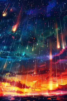 the sky is filled with colorful lights and falling raindrops, as well as stars