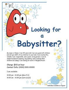 a flyer for a babysitter with an image of a cartoon character on it