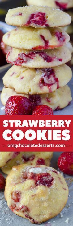 strawberry cookies stacked on top of each other with strawberries in the background and text overlay