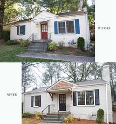 before and after photos of a white house with blue shutters on the front door