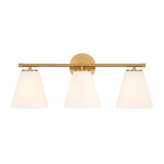 three light bathroom fixture in an antique brass finish with white glass shades on the sides