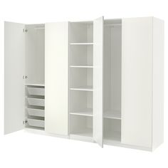 an open white cabinet with shelves and drawers