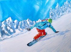 a painting of a snowboarder going down a snowy hill with mountains in the background