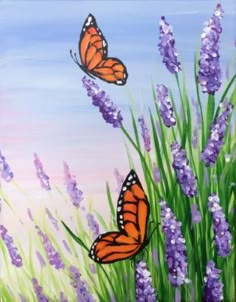 two orange butterflies flying over purple flowers and green grass with blue sky in the background