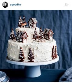 a cake with white frosting and houses on it