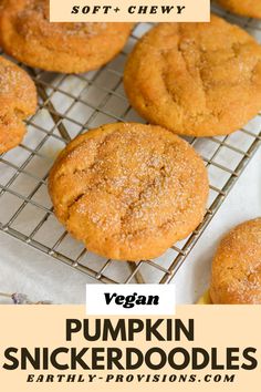 vegan pumpkin snickkerdoodles on a cooling rack with text overlay