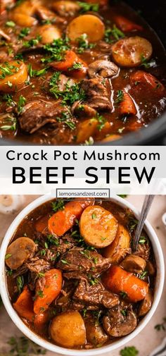 crock pot mushroom beef stew in a white bowl with carrots and parsley