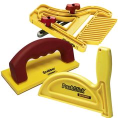 a yellow and red set of toys including a pushstick, sanding paddles and roller blades