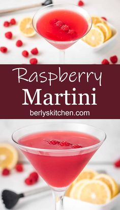 raspberry martini in a coupe glass garnished with berries and lemons