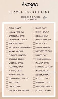 a travel bucket list with the words europe and other destinations in white on beige background