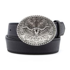 Product Details: Kids’ belt Three-dimensional longhorn berry edge plaque buckle Black or Brown Belt width: 1 1/4" 100% full-grain leather Buckle finish: Antique silver Belt Buckle Belts, Classic Concho Belt Buckles For Rodeo, Adjustable Western Concho Belt Buckles, Western Black Belt Buckles For Rodeo, Western Concho Belt Buckles For Country Events, Adjustable Concho Belt Buckles For Western-themed Events, Classic Concho Belt For Western-themed Events, Western Style Black Belt For Western-themed Events, Classic Black Concho Belt Buckles