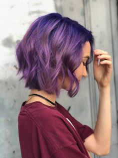 Short Hair Styles Purple, Short Purple Hairstyles, Chin Length Purple Hair, Purple Hair Styles For Short Hair, Shag Haircut Vivid Color, Short Purple Ombre Hair, Short Purple Curly Hair, Purple Ombre Short Hair, Purple Hair Color Short