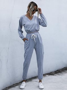 🚚FREE Shipping on orders over $80 ✨ use Code: "Mylook" for Extra Discount at checkout Women Casual V Neck Long Sleeve Solid Color Crop Top and Long Pants Two Piece Sportswear Suit Leisure Tracksuit With Long Sleeves And Elastic Waistband, Leisure Tracksuit With Elastic Waistband And Long Sleeves, Sporty Loungewear Jumpsuits And Rompers For Fall, Sporty Fall Loungewear Jumpsuits And Rompers, Gray Long Sleeve Jumpsuits And Rompers For Loungewear, Athleisure Tracksuit With Elastic Waistband, Athleisure Tracksuit With Elastic Waistband And Long Sleeve, Athleisure Long Sleeve Jumpsuits For Loungewear, Sporty Long Sleeve Jumpsuit For Loungewear