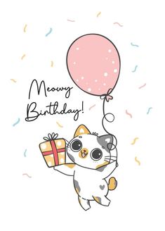 cute funny Birthday calico kitten cat hold balloon and present, Meowy Birthday, cheerful pet animal cartoon doodle character drawing Birthday Hat, Kitten Cat, Nature Design