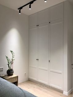 an empty bedroom with white closets and plants on the nightstand next to the bed