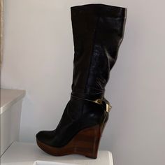 Gorgeous Soft Leather Black And Gold Leather Boots. Beautiful Wood Wedge. Brown Leather Riding Boots, Black Leather Riding Boots, Leather Heeled Boots, Black Heel Boots, Fringe Boots, Studded Boots, High Heel Boots Ankle, Leather Riding Boots, Western Cowboy Boots