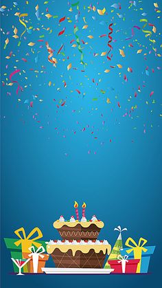 a birthday cake surrounded by confetti and streamers on a blue sky background