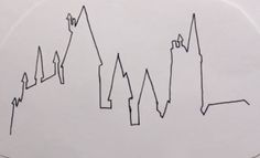 a drawing of an upward line with buildings in the background and arrows pointing up at different heights