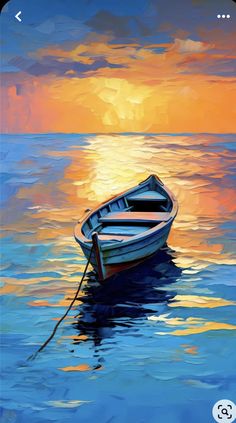 a painting of a small boat in the water at sunset with an orange and yellow sky