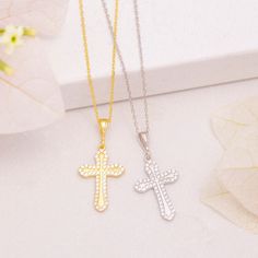 This is a beautiful cross necklace set studded with real natural diamonds. The diamonds are of high quality and the chain is strong. The real solid is set to 14Kt Gold and the chain is also 14Kt Gold. MATERIALS - Material: 925K Sterling Silver - Finish: Silver, Gold Plated - Size: All sizes from 12 Inches to 22 Inches are available. - Chain Style: Cable - Cross Length : 22.5 mm ; Cross Width : 14.4 mm All of our jewelry is hypoallergenic, water-resistant, and tarnish-resistant. All our work is custom-made by hand and made to order in our workshop.  HOW TO ORDER - Please choose your Necklace Color - Please choose your Necklace Length - Add to cart and proceed to checkout Please feel free to contact me if you have any questions. ♥♥Thank you so much for your order.♥♥ PROCESSING TIME - All ite Gold Diamond Cross Necklace, Christian Cross Necklace, Diamond Cross Necklace Gold, Diamond Cross Necklace, Beautiful Cross, Necklace Diamond, Diamond Cross, Christian Cross, Oct 1