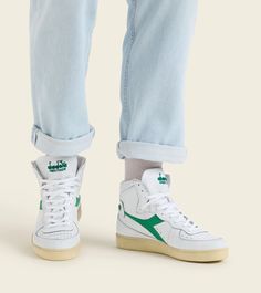 MI BASKET USED Heritage shoe - Unisex - Diadora Online Store US Retro Sneakers With Contrasting Heel Counter, Classic High-top Sneakers With Round Toe, Green Sneakers With Leather Sole For Streetwear, Green Sneakers With Contrasting Heel Counter, Green Sneakers With Contrasting Heel Counter And Round Toe, Green Leather Sole Sneakers For Streetwear, Classic High-top Sneakers With Branded Heel Counter, Green Casual Sneakers With Leather Sole, Casual Green Sneakers With Leather Sole