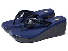 VOLATILE Frappachino - Women's Shoes : Navy Croco : Elevate your casual style with the hip, ultra-comfy VOLATILE Frappachino sandals. Slip-on style with toe post. Snakeskin-look upper straps. Lycra lining. Cushioned insole. Snakeskin-look wrapped EVA wedge heel. Rubber platform sole. Man-made upper, lining and insole. Man-made outsole. Imported. Measurements: Heel Height: 2 1 2 in Weight: 10 oz Platform Height: 1 in Product measurements were taken using size 9, width M. Please note that measurem Leather Sandals With Gel Cushioning For Beach, Leather Beach Sandals With Gel Cushioning, Casual Synthetic Wedge Sandals With Single Toe Strap, Open Toe Gel Cushioned Flip Flops For Beach, Beach Flip Flops With Gel Cushioning And Open Toe, Casual Shoes Women, Shoes Women, Product Reviews, Wedge Heels