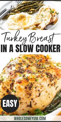 turkey breast in a slow cooker with green beans and mashed potatoes