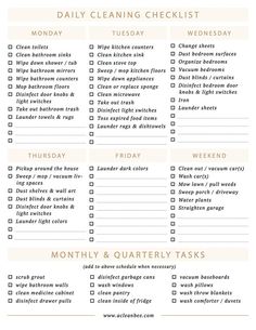 a printable daily cleaning checklist is shown in white and tan colors with the words,