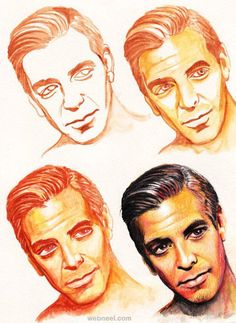 three men with different facial expressions are drawn in colored pencils and then on paper