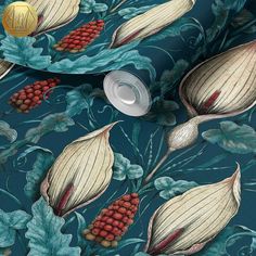 an image of a wallpaper with flowers and leaves in blue tones on a dark background