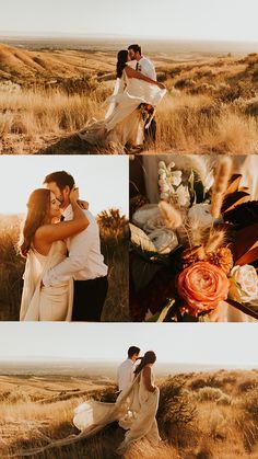 a man and woman standing in the middle of a field