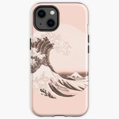 an iphone case with the great wave in pink and brown on it's back