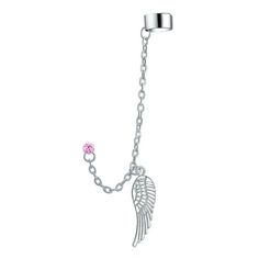 Discover a unique look in religious jewelry with our stunning feather ear cuff wrap. This stainless steel ear cuff earring is both spiritual and stylish. Designed to be loved, it features an angel wing that can be worn on either ear. A lightweight angel wing dangles from a chain connected to a 6mm ball with a post backing. Another smaller angel wing dangles from the feather ear cuff, connected by two different style chains. The longest chain measures 3 inches from the post. The shiny silver ear Adjustable Silver Surgical Steel Jewelry, Surgical Steel Dangle Single Earring, Surgical Steel Single Dangle Earring, Adjustable Silver Stainless Steel Cartilage Earrings, Adjustable Metal Ear Cuff With Chain, Silver Adjustable Ear Cuff With Chain, Adjustable Silver Ear Cuff With Chain, Helix Chain, Feather Ear Cuff