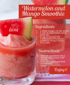 watermelon and mango smoothie recipe in a glass with slices of watermelon on top