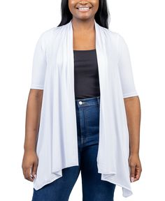 in stock White Open Front Top For Fall, White Open Front Tops For Fall, White Stretch Cardigan For Layering, White Shrug For Spring Layering, Versatile White Stretch Outerwear, Short Sleeve Cardigan For Fall, Solid Short Sleeve Cardigan For Fall, Fall Stretch Short Sleeve Cardigan, White Stretch Open Front Top